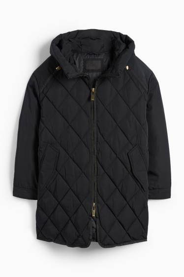 Women - Quilted coat with hood - water-repellent - black