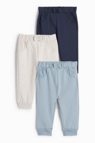 Baby Mädchen - Multipack 3er - Baby-Jogginghose - Broderie Anglaise - blau / beige