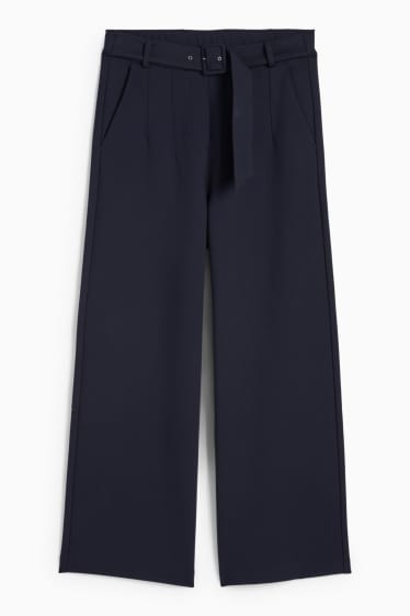 Dámské - Žerzejové kalhoty s páskem - high waist - wide leg - tmavomodrá