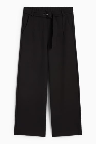 Dames - Jersey broek met ceintuur - high waist - wide leg - zwart