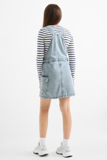 Children Girls - Set - long sleeve top and denim pinafore dress - 2 piece - denim-light blue