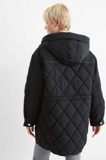 Women - Quilted coat with hood - water-repellent - black