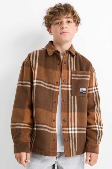 Children Boys - Flannel shirt jacket - lined - check - brown
