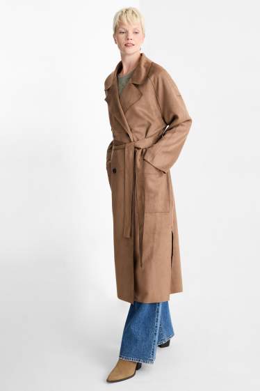 Damen - Trenchcoat - Velourslederimitat - braun
