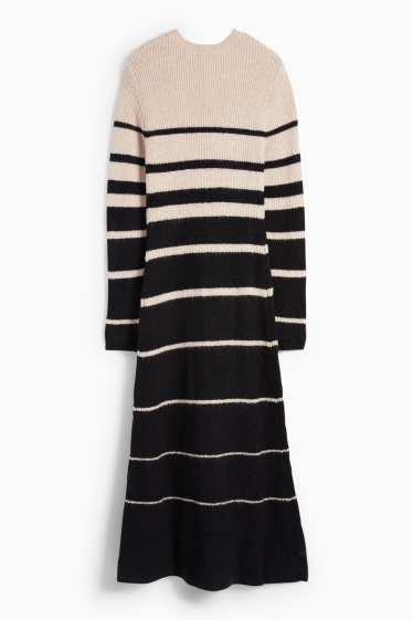 Women - Fit & flare dress - ribbed - striped - black / beige