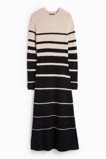 Women - Fit & flare dress - ribbed - striped - black / beige
