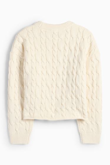 Kinder Mädchen - Pullover - Zopfmuster - cremeweiß