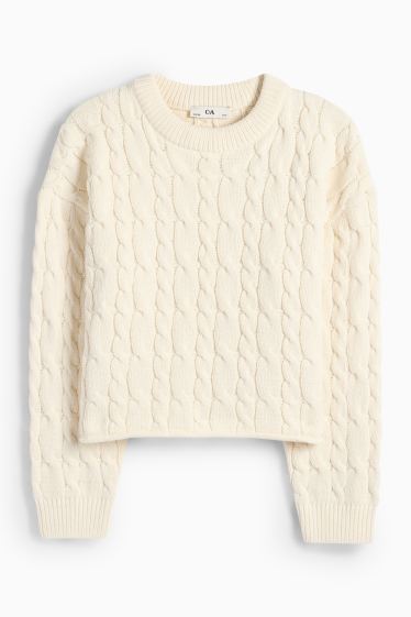 Kinder Mädchen - Pullover - Zopfmuster - cremeweiß