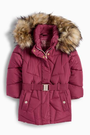 Kinder Mädchen - Steppjacke mit Kapuze und Kunstfellbesatz - bordeaux