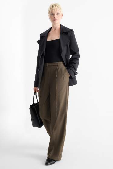 Women - Cloth trousers with belt - high-rise waist - wide leg - brown