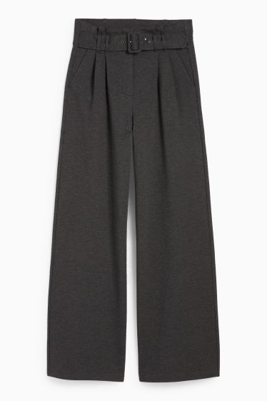 Women - Jersey trousers with belt - high-rise waist - wide leg - dark gray