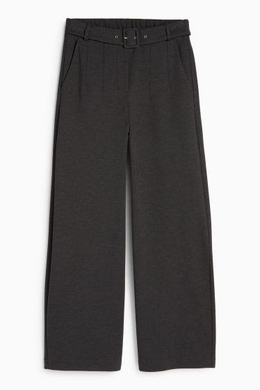 Dames - Broek van jersey, met riem - high waist - wide leg - donkergrijs