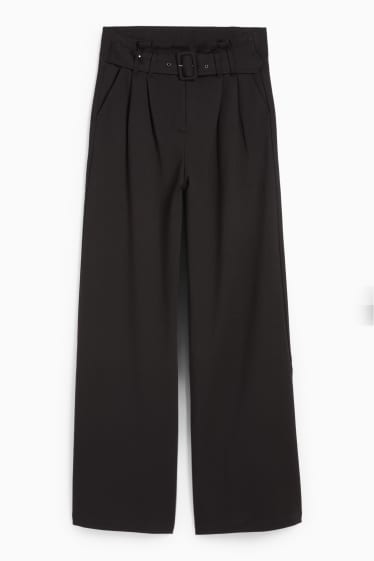 Women - Jersey trousers with belt - high-rise waist - wide leg - black