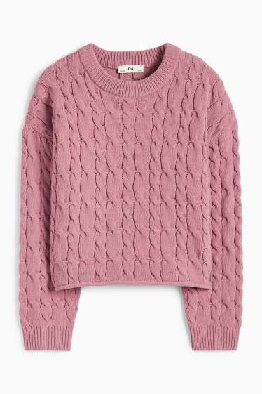 Kinder Mädchen - Pullover - Zopfmuster - dunkelrosa