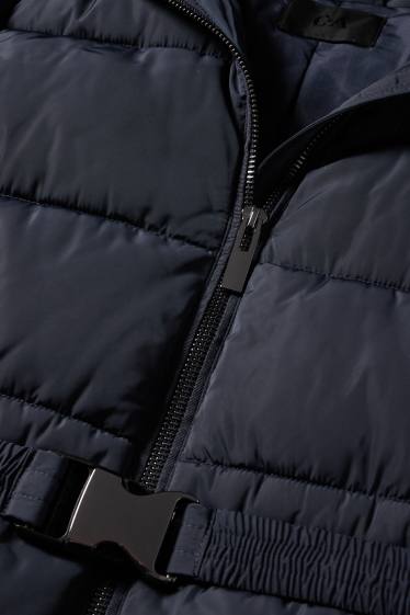 Donna - Giacca trapuntata con cintura, cappuccio e riporto di ecopelliccia - blu scuro
