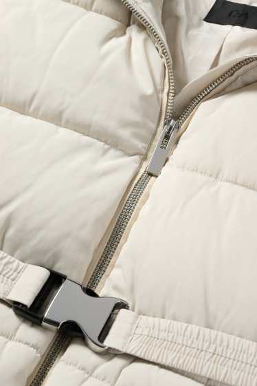 Women - Quilted jacket with belt, hood and faux fur trim - light beige