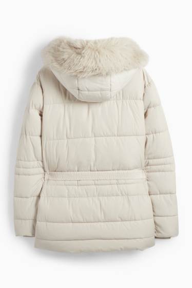 Women - Quilted jacket with belt, hood and faux fur trim - light beige
