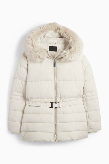 Women - Quilted jacket with belt, hood and faux fur trim - light beige