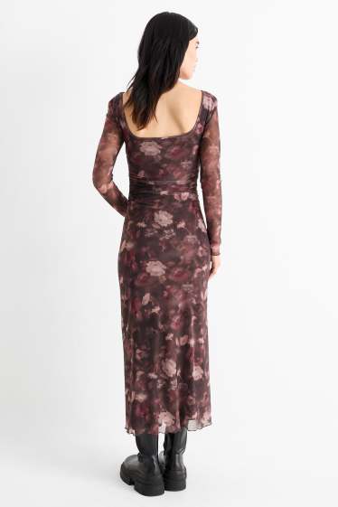 Damen - Mesh-Kleid - geblümt - dunkelbraun