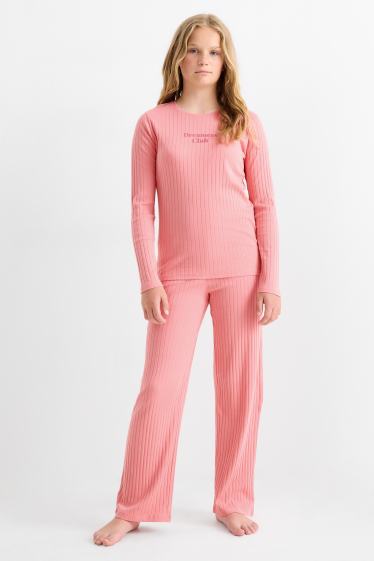 Kinderen: meisjes - Pyjama - geribd - 2-delig - fuchsiarood
