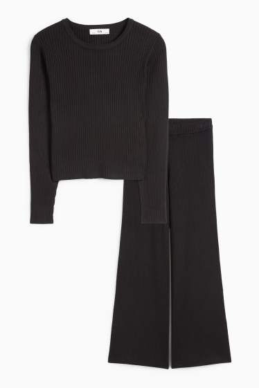Children Girls - Set - long sleeve top and jersey trousers - ribbed - 2 piece - black