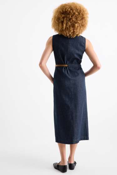 Dames - Bodyconjurk van denim, met ceintuur - jeansdonkerblauw