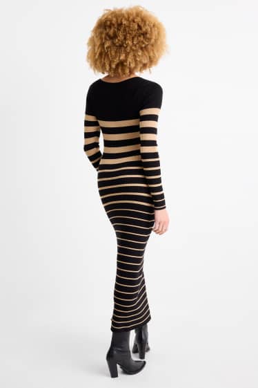 Damen - Strickkleid - gerippt - gestreift - schwarz / beige