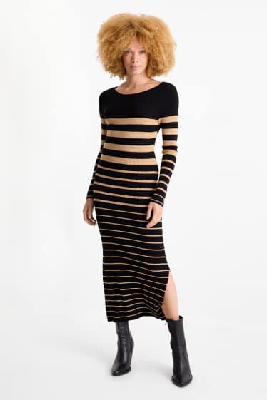 Damen - Strickkleid - gerippt - gestreift - schwarz / beige
