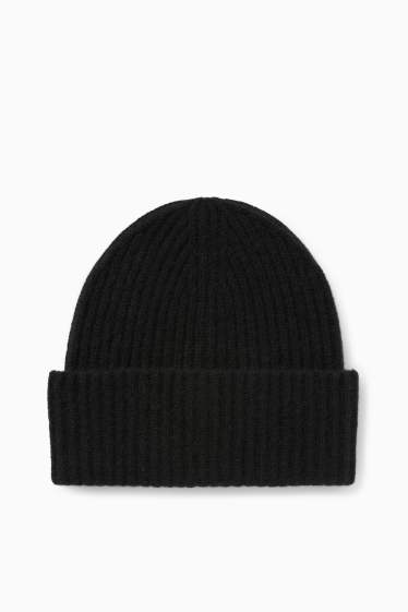 Dames - Beanie van kasjmier - geribd - zwart