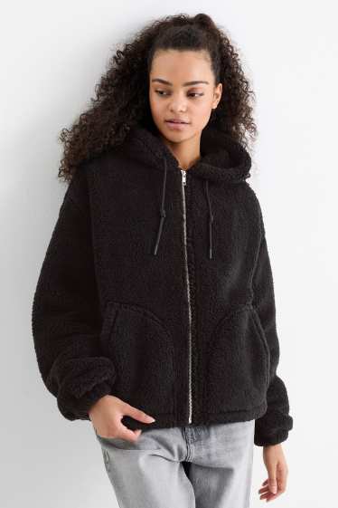 Femmes - Veste en peluche à capuche - noir