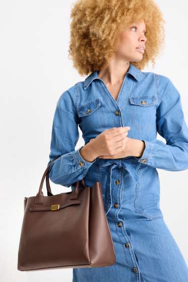 Femei - Geantă shopper mare cu curea detașabilă - imitație de piele - maro