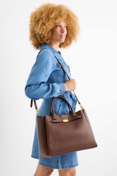 Femei - Geantă shopper mare cu curea detașabilă - imitație de piele - maro