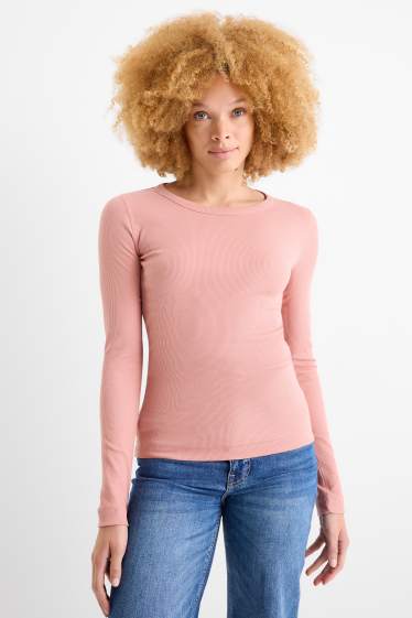 Damen - Basic-Langarmshirt - gerippt - dunkelrosa