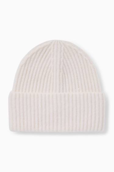 Dames - Beanie van kasjmier - geribd - crème wit