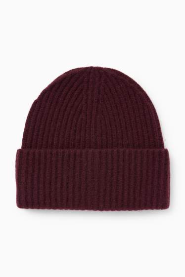 Dames - Beanie van kasjmier - geribd - bordeaux