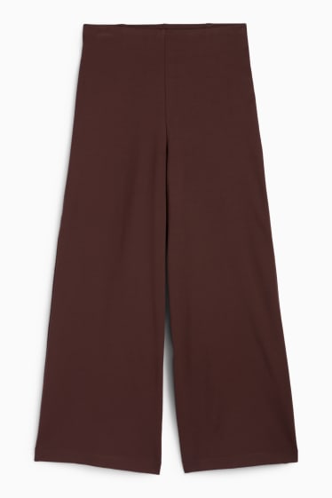 Dámské - Žerzejové kalhoty - high waist - wide leg - tmavohnědá