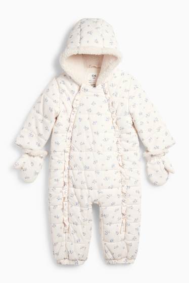 Baby: meisjes - Bloemetjes - babysneeuwpak met capuchon - crème wit