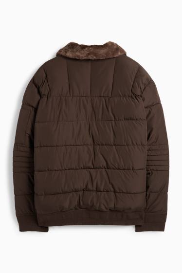 Herren - Steppjacke mit Kunstfellbesatz - dunkelbraun