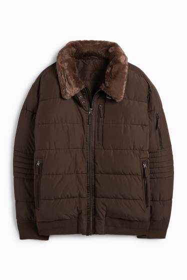 Herren - Steppjacke mit Kunstfellbesatz - dunkelbraun
