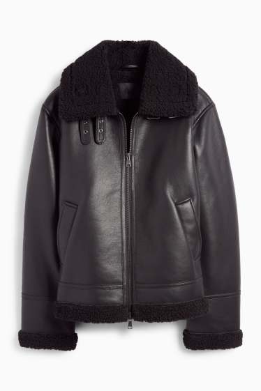 Femei - Jachetă din piele shearling falsă - imitație de piele - negru