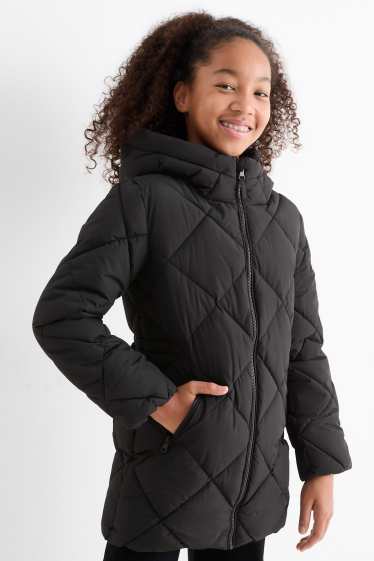 Children Girls - Quilted jacket with hood - water-repellent - black