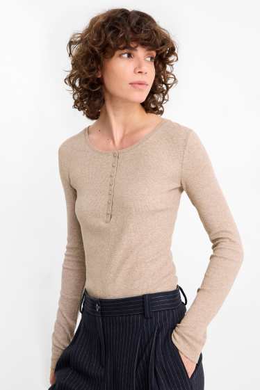 Femmes - Haut basique Henley - slim fit - finement côtelé - marron clair