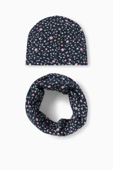 Children Girls - Floral - set - beanie and snood - 2 piece - dark blue