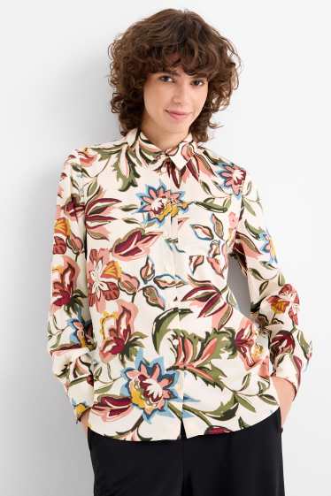 Dames - Satijnen blouse - gebloemd - crème wit