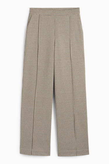 Dámské - Žerzejové kalhoty - high waist - wide leg - kostkované - světle béžová