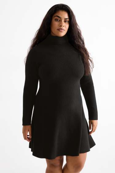 Damen - Strickkleid - gerippt - schwarz