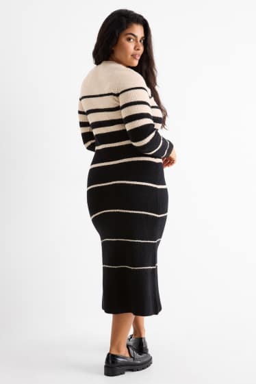 Women - Fit & flare dress - ribbed - striped - black / beige