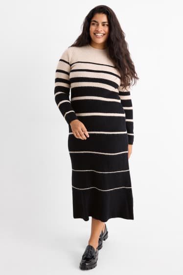Women - Fit & flare dress - ribbed - striped - black / beige
