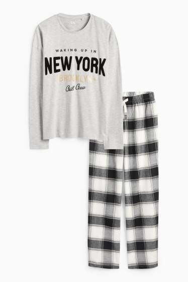 Kinder Mädchen - New York - Pyjama mit Flanellhose - 2 teilig - hellgrau-melange