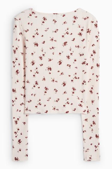 Women - Long sleeve top - slim fit - ribbed - floral - rose / red